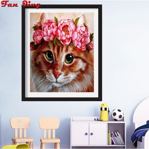 5D Diamond Painting Cat Wearing a Wreath Embroidery Full Square/Round Diy Rhinestone Cross Stitch Mosaic Handwork Home Decor