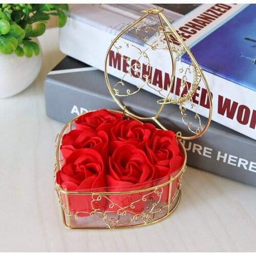 6pcs/box Iron Basket Rose Soap Bloom Wedding Gift Box Lovers Present Heart Artificial Flowers Love Romantic Valentines Day Girl