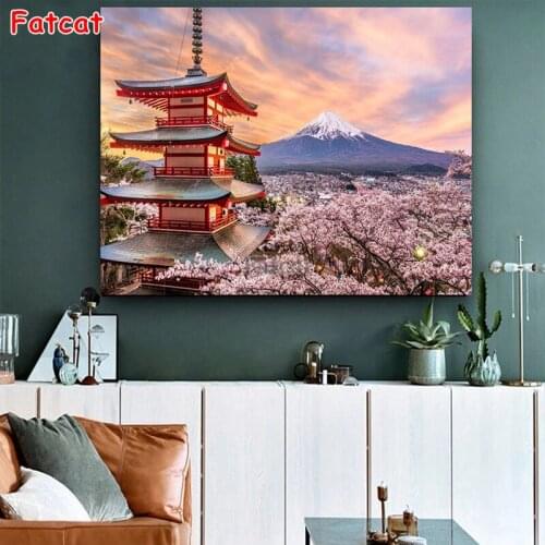 5D DIY Diamond Painting Diamond Embroidery Cherry Blossom Mountain Fuji House Full Square Round Drill Cross Stitch Decor PP1929