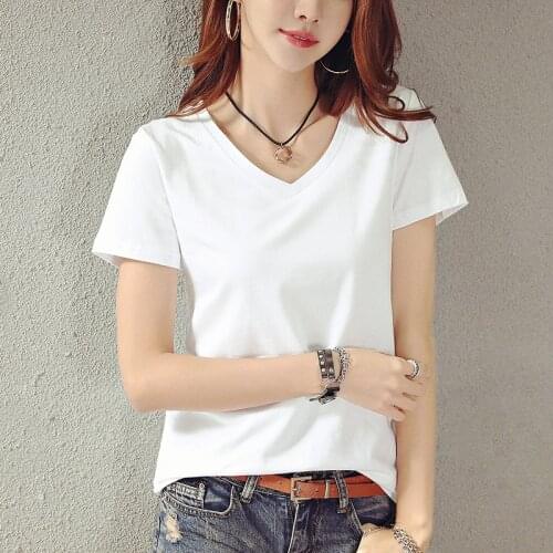 White short-sleeved womens t-shirt v-neck loose summer 2021 new half-sleeved sweetheart-neck cotton bottoming shirt