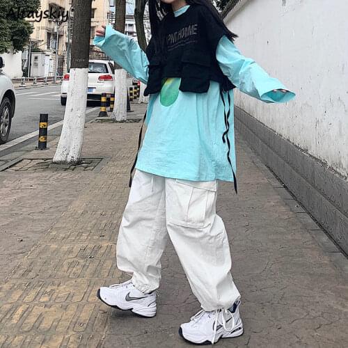 Hip Hop Pants Women Harajuku Chic Summer Oversized Japan Style Teens Streetwear All-match College Leisure Pocket Ladies Trouser