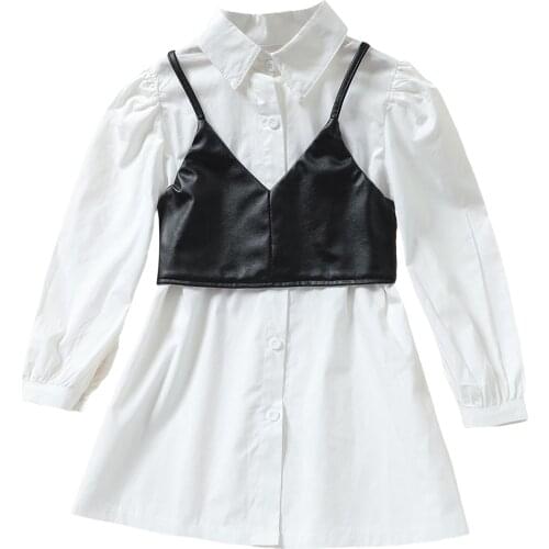Kids Baby Girl’s Long Sleeve Dress and Vest Fashion Solid Color Lapel Shirt Dress with Leather Camisole 2-7Y