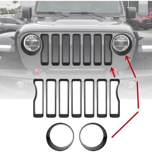 For Jeep Wrangler JL Mesh Grille Grill Insert + Headlight Cover Trim For 2018 Jeep Wrangler JL Accessories 9pcs/Set