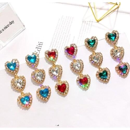 Elegant Love Heart Long Dangle Earrings Blue Red Green Crystal Rhinestone Pendientes Earrings For Women Wedding Jewelry