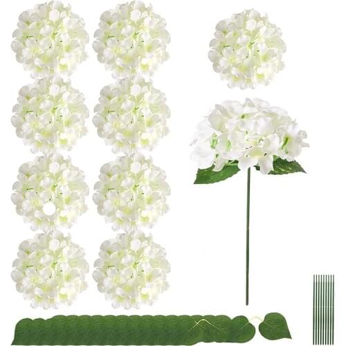 Artificial Decorations Silk Hydrangea Flowers Artificial Flowers Heads with Twin Leaves and Stems for Home Wedding Decor