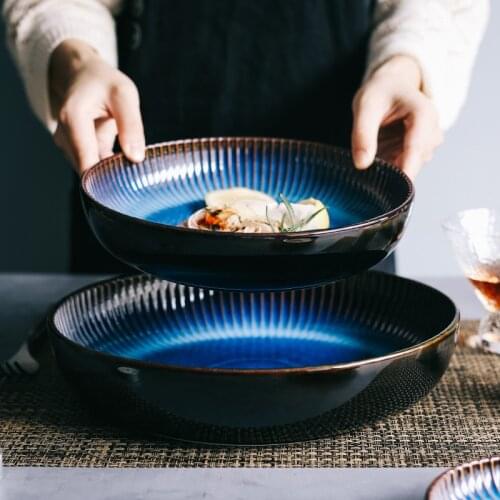 Nordic Blue Ceramic Pasta Dish Western Deep Plates Dinner Round Creative Baking Rice Plate Cheese Cooking Large Dish