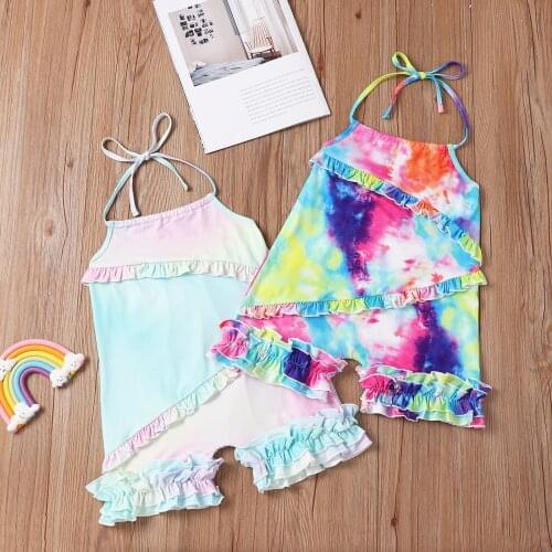 1-4Y Summer Fashion Toddler Kid Girl Clothes Casual Sleeveless Halter Tie-dye Print Ruffle Romper Jumpsuit Playsuit
