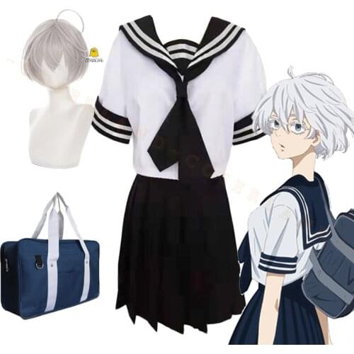 Tokyo Revengers Brahman Gang Senju Kawaragi Akashi Cosplay Skirt Set White Wig Sailor Suit School Uniform Anime Dress JK Bag