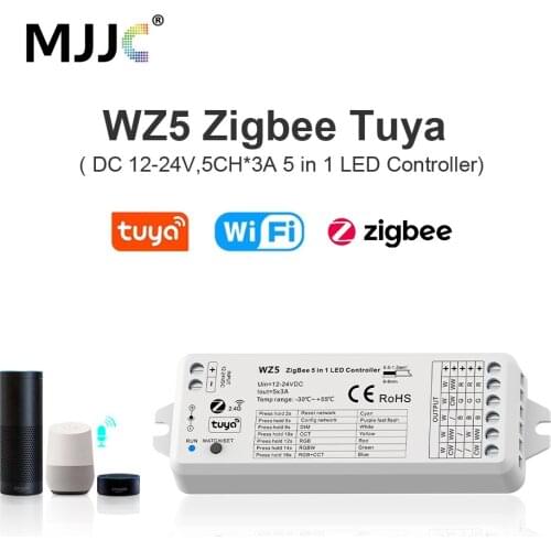 MJJC Zigbee RGBCCT LED Strip Controller Tuya Smart 12V 24V DC WIFI RF 2.4G 5 in 1 RGB CCT Driver Work with Amazon Alexa Echo WZ5