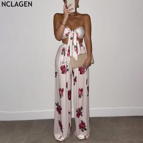 NCLAGEN Women 2 PCs Set Floral Print Streetwear Casual Suit Bandage Strapless Tube Crop Top Loose Comfort Pants New Tracksuit