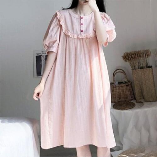 Cotton Summer Lady Princess style pajamas Solid Color Female Nightdress Loose Short-sleeved Nightgown For Home Wear