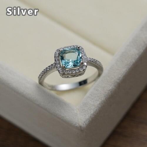 Hot Sale European and American Fashion 925 Sterling Silver Ring White Gold Zircon Sea Blue Ring Blue Crystal Ladies Jewelry Gift