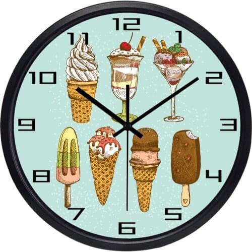 Retro Cartoon Ice Cream Shop Wall Clock Dustproof Clear Glass Metal Frame