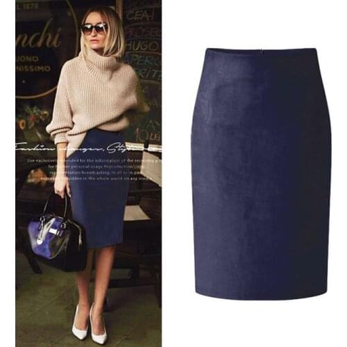 2021 New Deerskin Velvet Womens Daily Simple Winter Girls' Professional Wrap Hips High Waist Self-cultivation Skirt Navy Blue