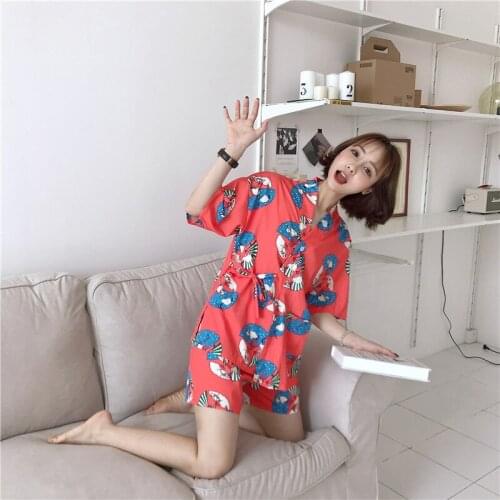 New short-sleeved Japanese kimono pajamas set sweet robe thin printed casual home clothes sweat steamed clothes pijamas women