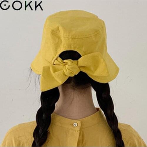 COKK Bucket Hat Women Bow Knot Fisherman Cap Outdoor Sunshade Summer Hat Female Cloth Foldable Korean Solid Casual Outdoor Visor