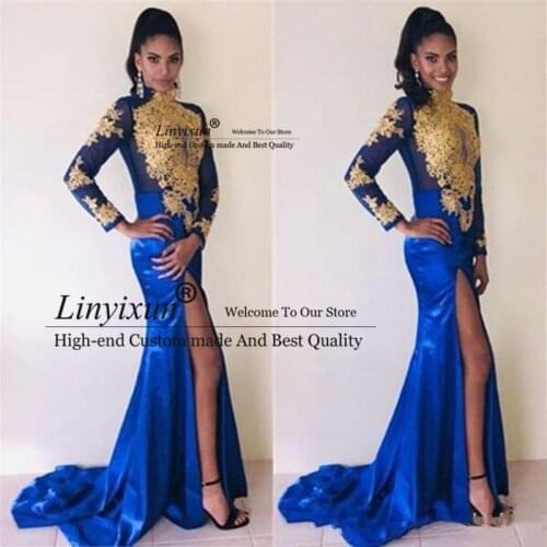 African Mermaid Prom Dresses Royal Blue Arabic Evening Gowns Long Sleeve With Gold Applique High Split Sexy robes de soirée