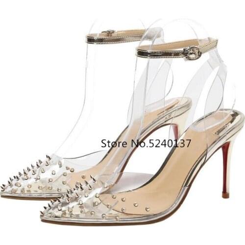Rivets Studded Transparent PVC High Heel Women Sandals Pointed Toe Buckle Strap Thin Heel Slingback Party/Wedding Sandals Femme