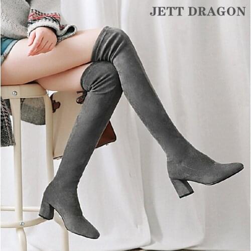 2021 New Autumn Winter Over The Knee Boots Women Faux Suede Stretch Thigh Boots Fashion Cross Tied Square High Heel Lady Shoes