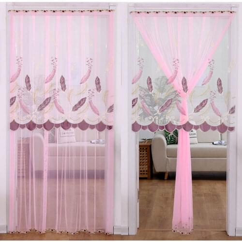 Feather Pink Flower Embroidered Wear Curtain Window Valance Lace Hem Coffee Curtain for Kitchen Cabinet Door Anti-mosquito F0411