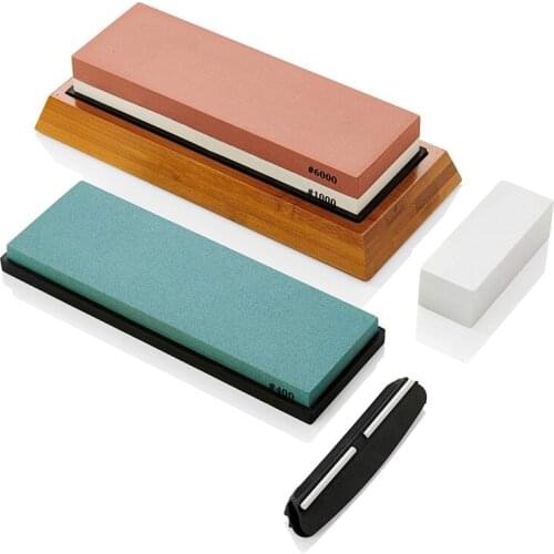 Whetstone Sharpening Stone Set - 400 1000 6000 Whetstones, Non-Slip Bamboo Base, Silicon Holder, Angle Guide and Fixing Stone