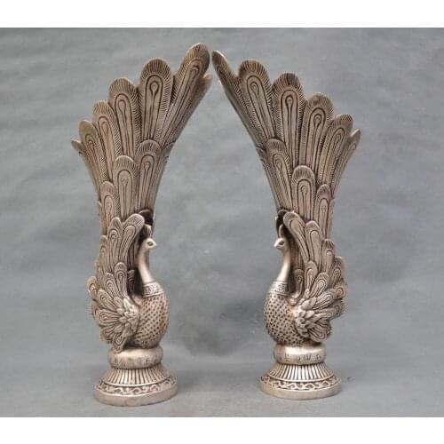 13'' A Pair of Elaborate Chinese Antique Imitation White Copper Peacock Vase