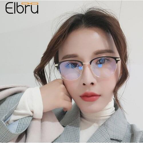 Elbru Vintage Anti Blue Light Glasses Frame Ultralight Clear Spectacles Fashion Metal Plain Eyeglasses Men Women Computer Goggle