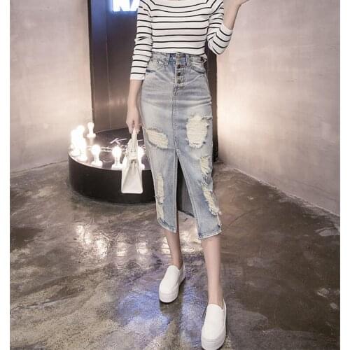 High waist spring women fashion slim single breasted water wash vintage ripped denim skirt female trendy color cotton bottom