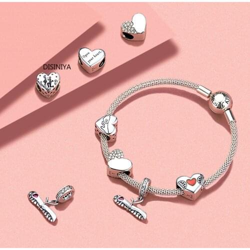 DISINIYA Valentines Day Collections Heart-shape Beads Fit for Original Women Silver Charms Bracelet 925 Sterling Silver Jewelry