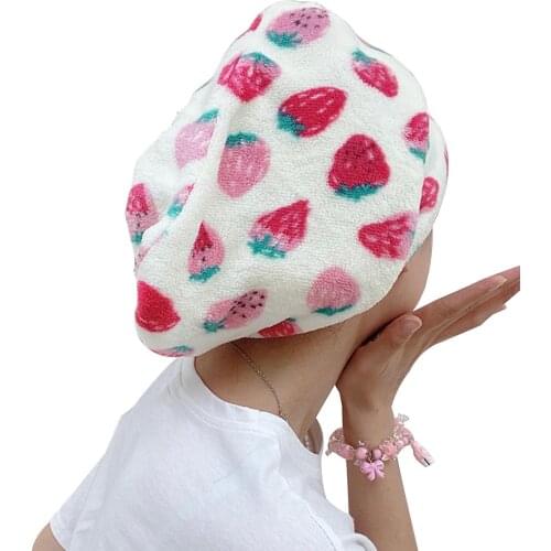 Women Strawberry Print Hair-Drying Cap Microfiber Water Absorbent Cute Bathing Cap Bathroom Towels Accessories