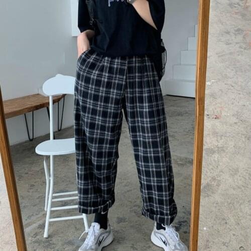 Four Seasons Wide Leg Pants Women Hot Sale Fashion Black Trousers Harajuku Vintage Plaid Pants High Waist Full Length Bottoms