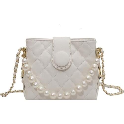 Diamond Pattern Women Shoulder Bags Small Pearl Chain Designer Bucket Crossbody Bags Luxury Brand Fashion Ladies Handbag White
