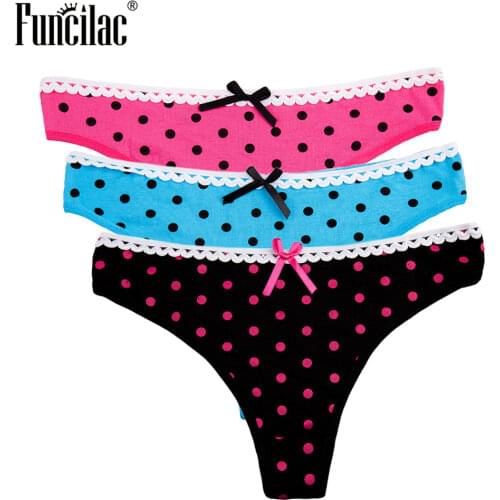 FUNCILAC Women Sexy G-String Cartoon Kitty Thong Dot Bow Ladies Briefs Print Cotton Panties Lace Women Underwear lingerie 3 Pcs