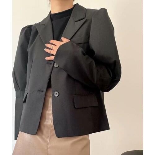 Korean Red Short Blazer Women Spring Autumn Loose Single-breasted Black Suit Jacket Lantern Sleeve Casual Female Coat 2021 New