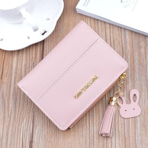 Womens Wallet Short Solid Color Cute Tassel Hasp Female Zipper Pu Leather Coin Purses Card Holder Fashion Ladies Money Clip
