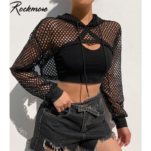 Rockmore Sexy Black Mesh Fishnet Top Womens Tshirt See Through Smock Long Sleeve T-shirts Cropped Top Tee Shirt Streetwear 2021