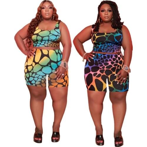 Womens Tracksuit 2021 Summer New Fashion Comfortable Sling Sexy Print Round Neck L 5Xl Large Size Casual Suit Shorts Sets