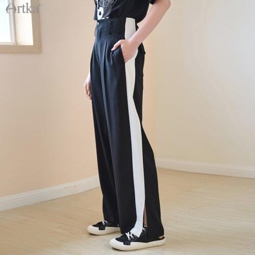 ARTKA 2021 Summer New Women Pants Fashion Casual Draping Split Wide Leg Pants Loose High Waist Straight Black Pants KA22114X
