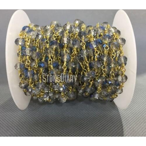 4x6mm Gold Plating Faceted Rondelle Beads Translucent Blue Glass Crystal Rosary Chain RC5028