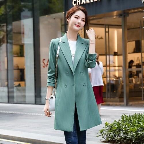 IZICFLY New Style Autumn Winter Green Striped Trench Coat For Women Elegant Slim Business Office Jackets Blazers OL Windbreaker