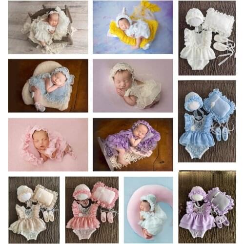 5Pcs Newborn Photography Prop Outfit Baby Lace Dress+Hat+Pillow+Shorts+Shoes Set GXMB