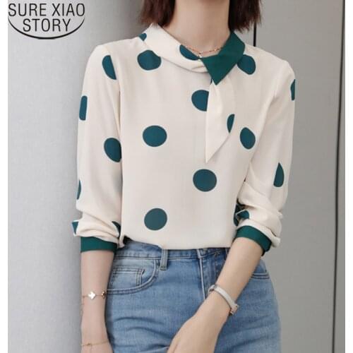Fashion Bow Stand Collar Pullover Tops Elegant Chiffon Blouse Women Polka Dot Shirt Sweet Long Sleeve Blouse Blusa Mujer 16501