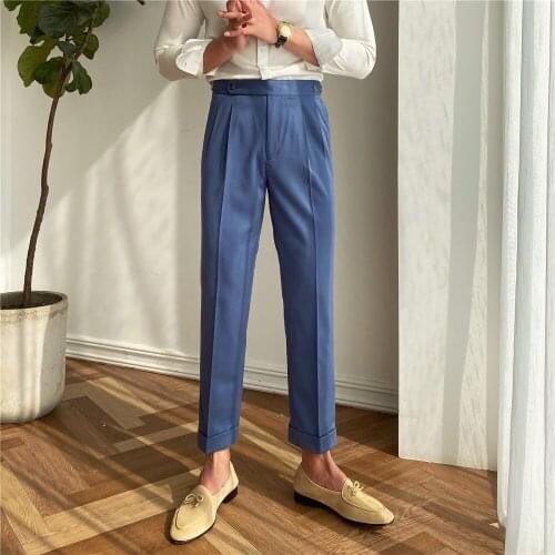 Mens British Retro Style Straight Business Pants High Waist Trousers Western C6