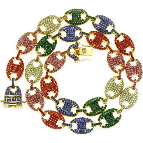 Iced Out hiphop cz Alloy Bean Pig Nose colorful Rhinestone Necklace Charm Link Chain Bling Necklaces for Men Jewelry