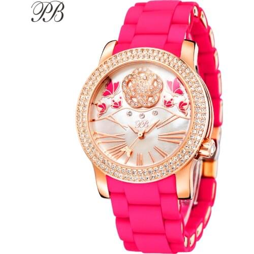PB Watches for Women Luxury Diamond Rotation Pentagon Butterfly Women Pink Watch Mother of Pearl Silicone Quartz