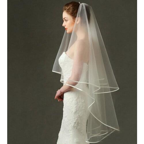 Simple Cheap Fashion White Ivory Wedding Veil Two Layers Tulle Model Bridal Veils Satin Edge Short Bride Accessories 110*150CM