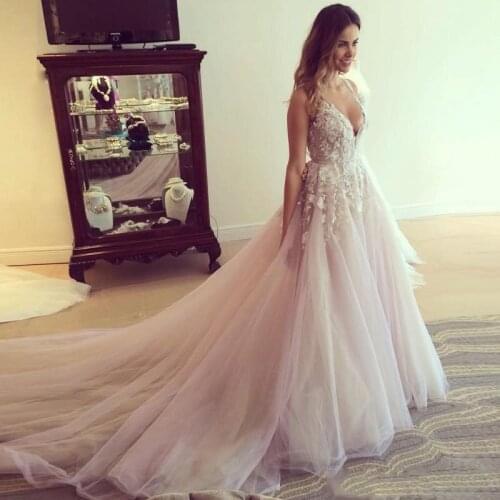 Luxury Wedding Dresses Illusion Lace Top Backless Deep V Neck Long Dress With Sweep Train Princess Bridal Gowns Plus Size