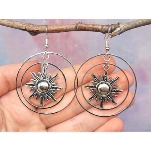 Silver Colour Boho Sun Earrings Celestial Jewellery Witchy Dangle Punk Fashion Sun Goddess Statement Gift for Witch Women Gift