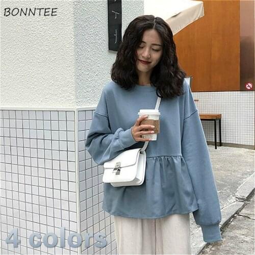 Hoodies Women Fall Lovely Female Thin Solid Leisure Chic Basic O-Neck College Pullovers Clothes Daily Ulzzang No Hat Sweatshirts
