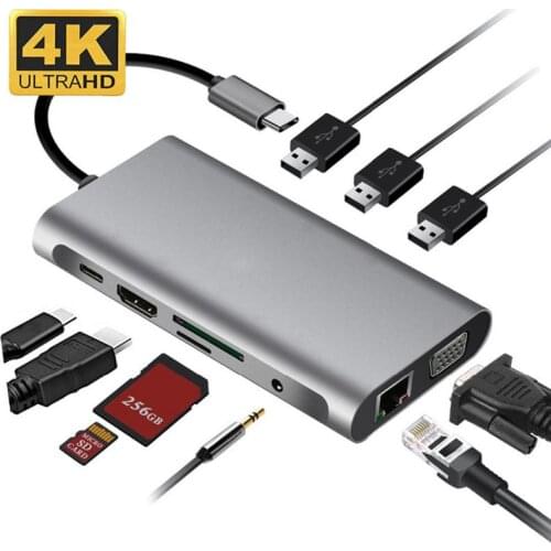 USB 3.1 Type-C Hub Adapter 4K Thunderbolt Multi USB Splitter 3 USB C Hub Expander Hub 3.0 TF SD Reader Slot PD for PC Laptop